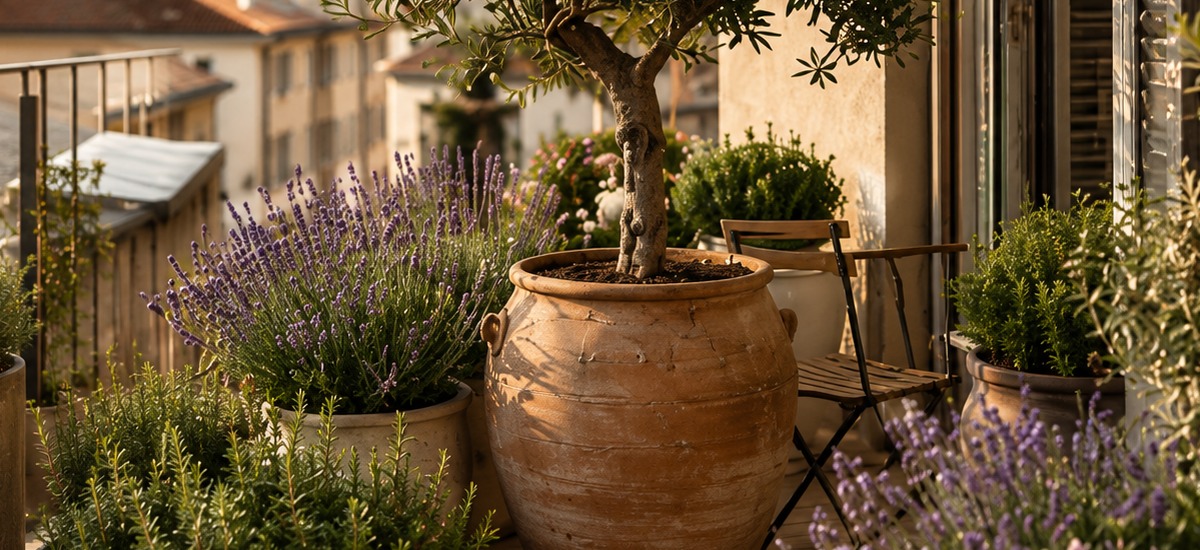 Kräuterbalkon mit mediterranen Pflanzen