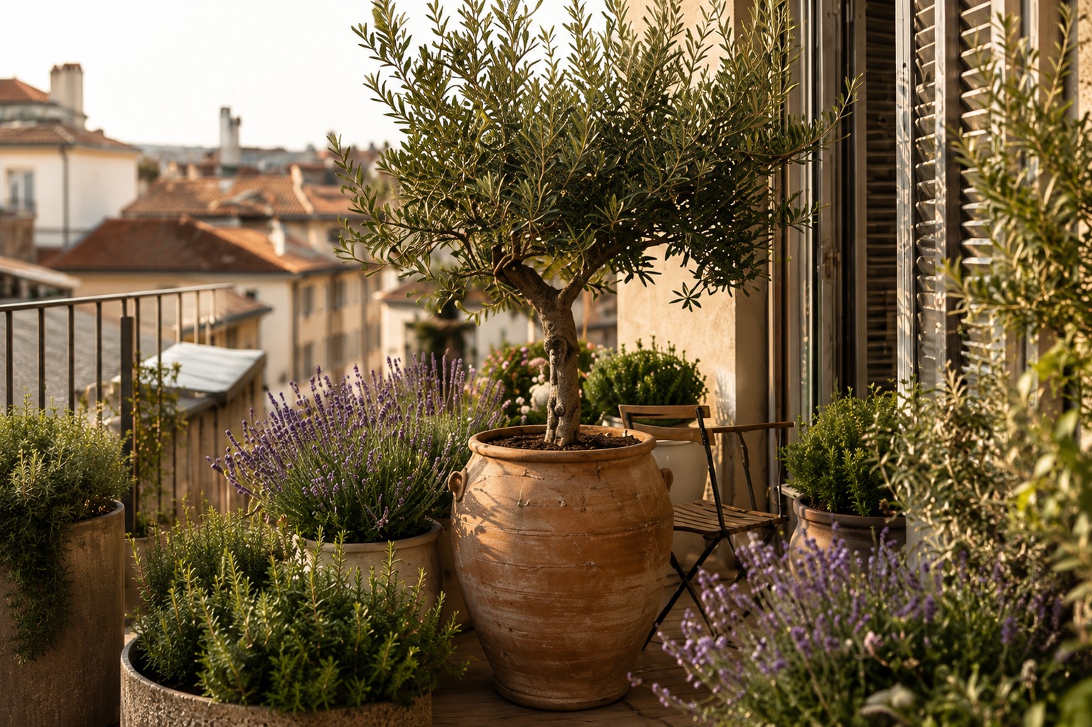 Mediterraner Balkon mit Olivenbaum und Lavendel